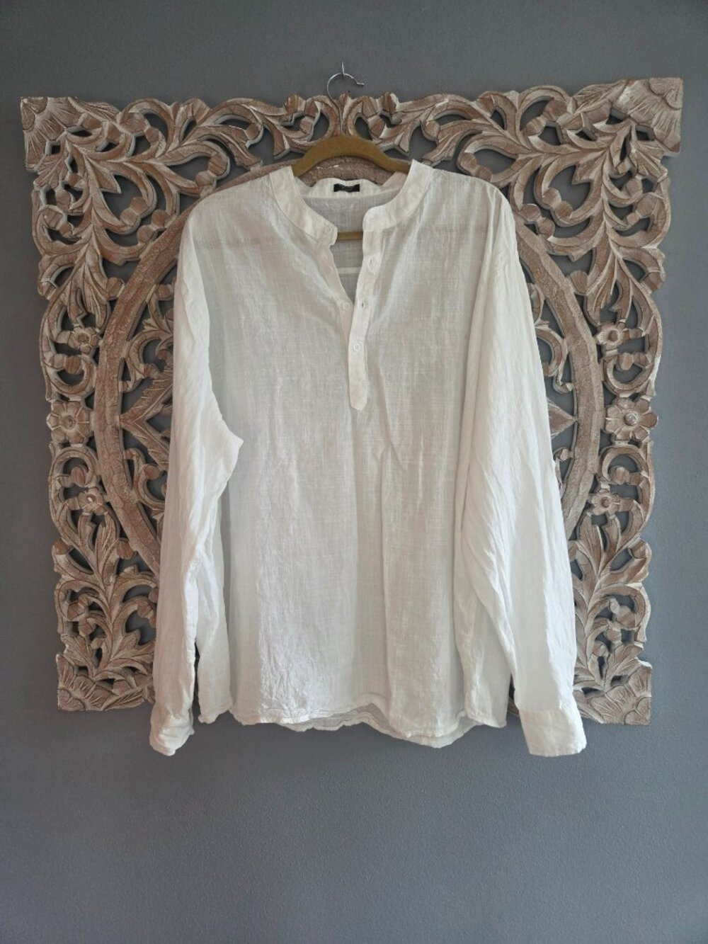 Coofandy Henley fit lightweight white cotton hemp linen shirt. Men’s 4XL